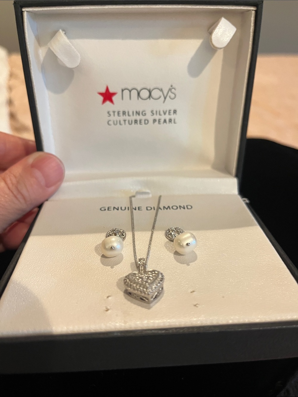 Macy's Sterling Silver Cultured Pearl Necklace with Pave Heart Pendant - White